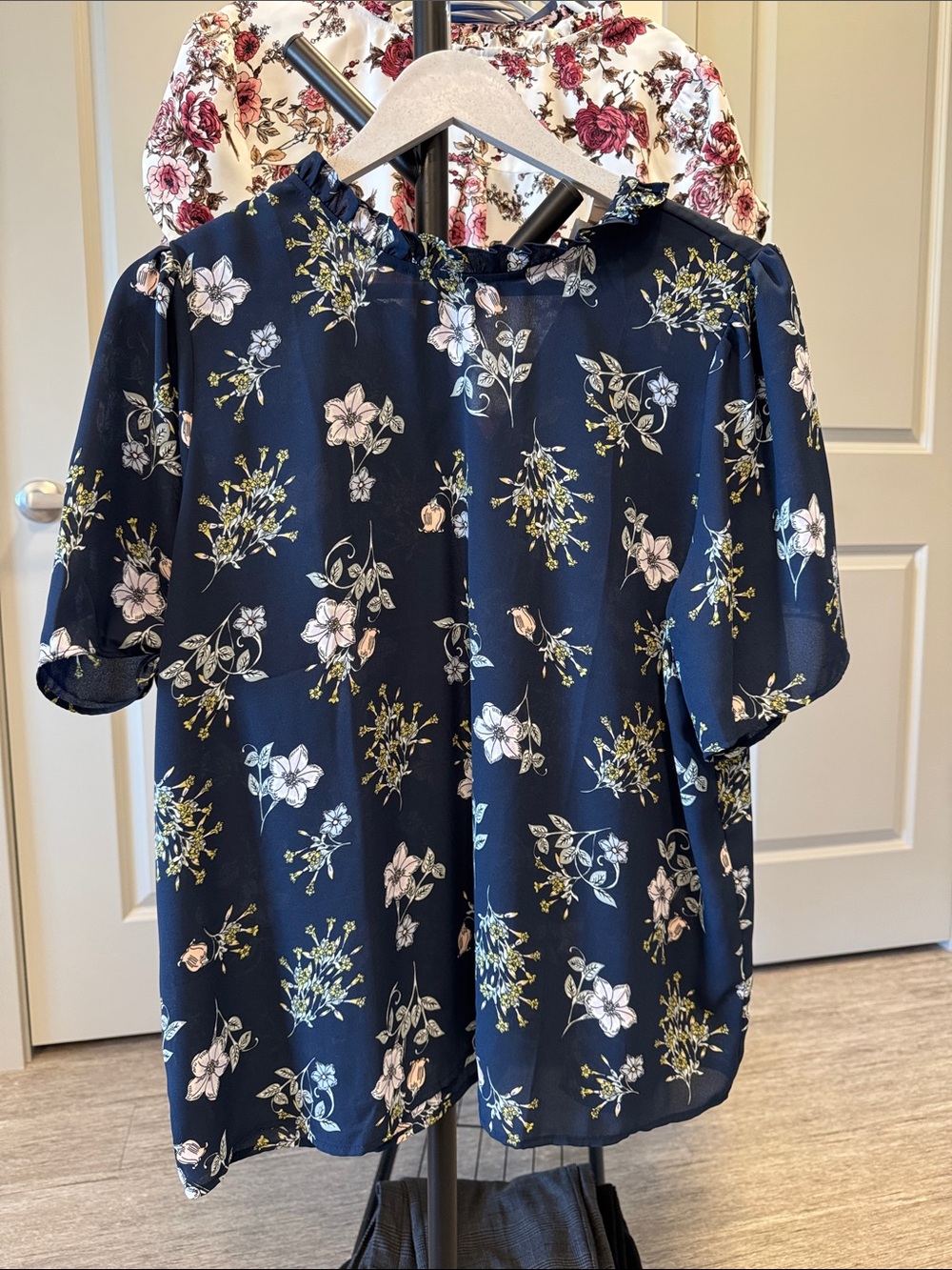 LOFT Navy Floral Ruffle-Neck Blouse with Pink & Cream Accents